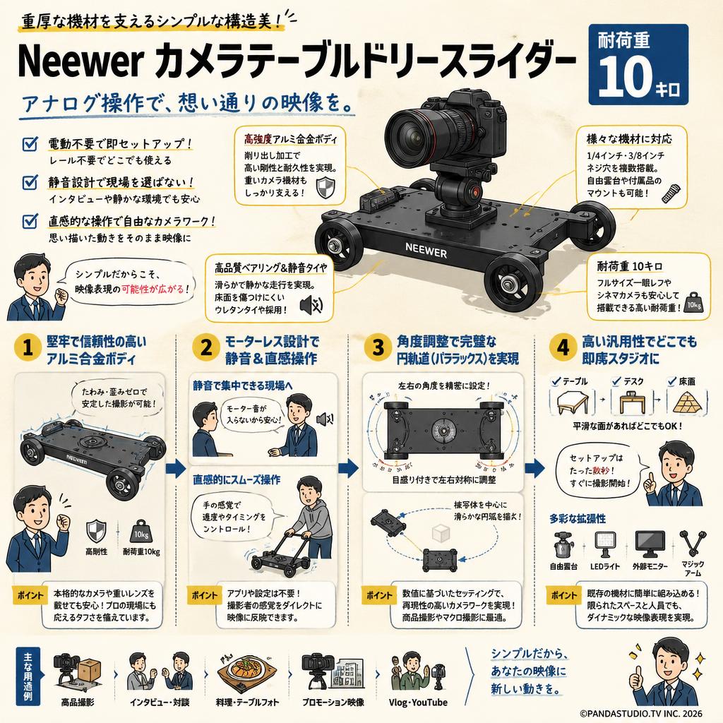 Neewer カメラテーブルドリースライダー　耐荷重10キロ 概要