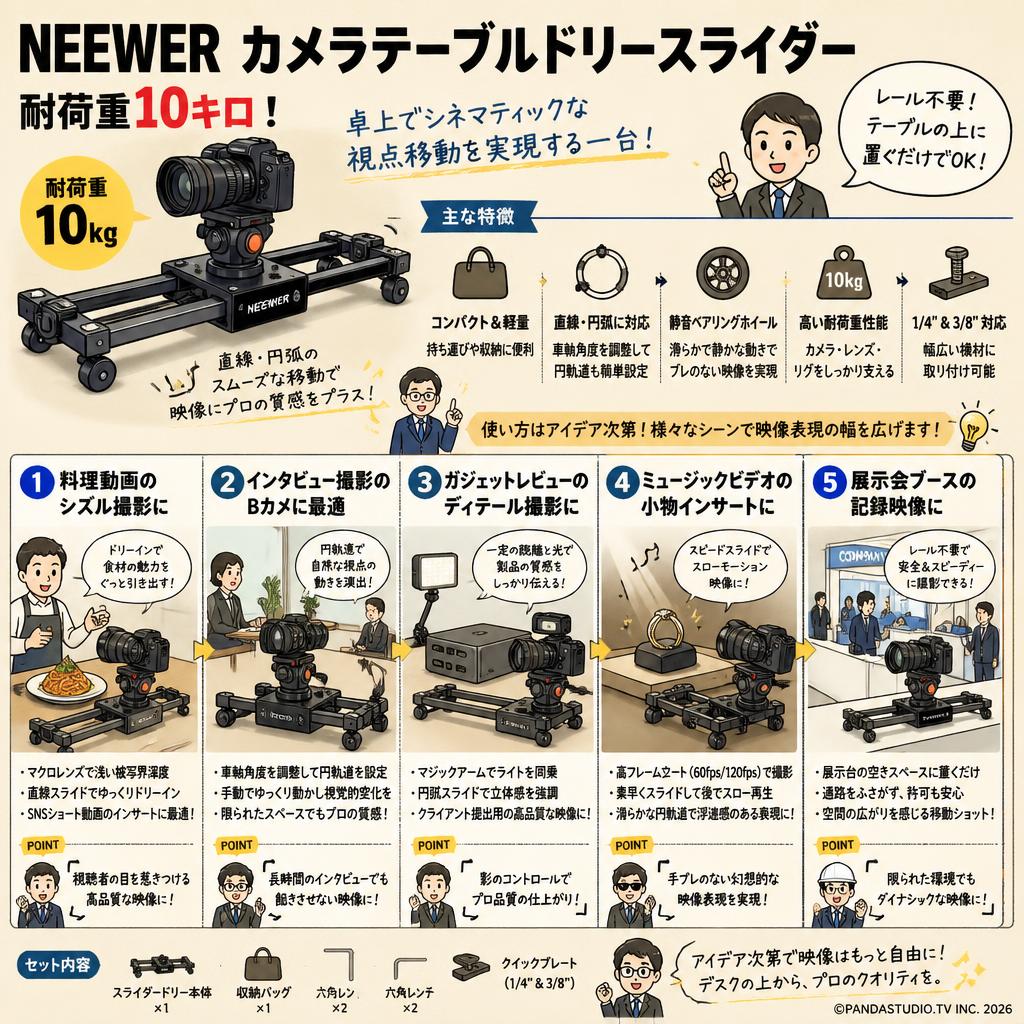 Neewer カメラテーブルドリースライダー　耐荷重10キロ 用途