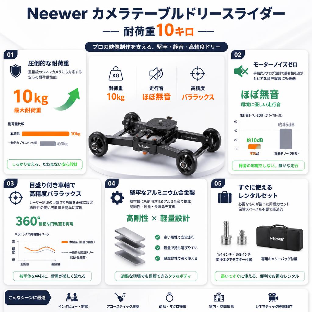 Neewer カメラテーブルドリースライダー　耐荷重10キロ セールスポイント