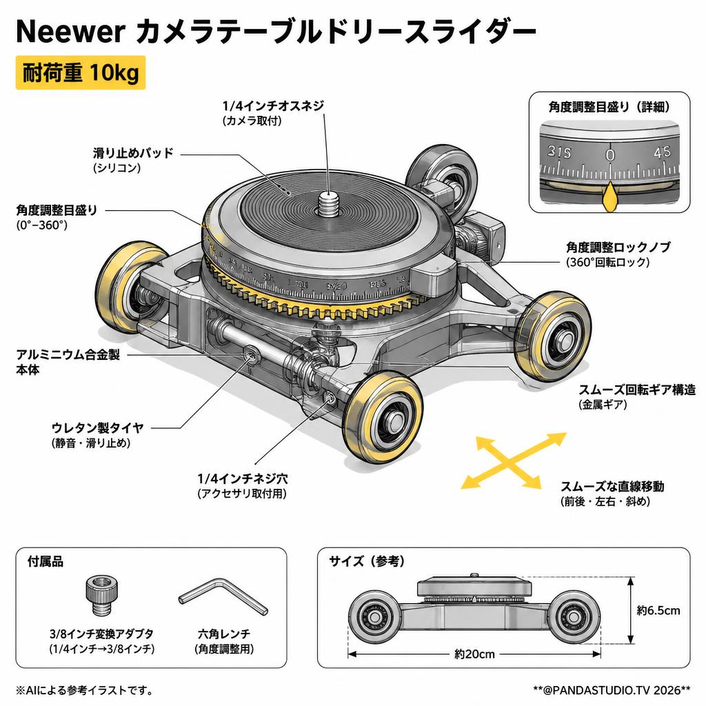 Neewer カメラテーブルドリースライダー　耐荷重10キロ スペック