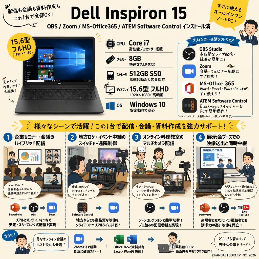 Dell Inspiron15   (OBS/Zoom/MS-Office365 /ATEM Software Controlインストール済）（Corei7 Windows10,15.6 フルHD 8GBメモリー512GB SSD) 用途