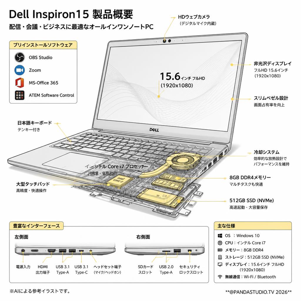 Dell Inspiron15   (OBS/Zoom/MS-Office365 /ATEM Software Controlインストール済）（Corei7 Windows10,15.6 フルHD 8GBメモリー512GB SSD) スペック