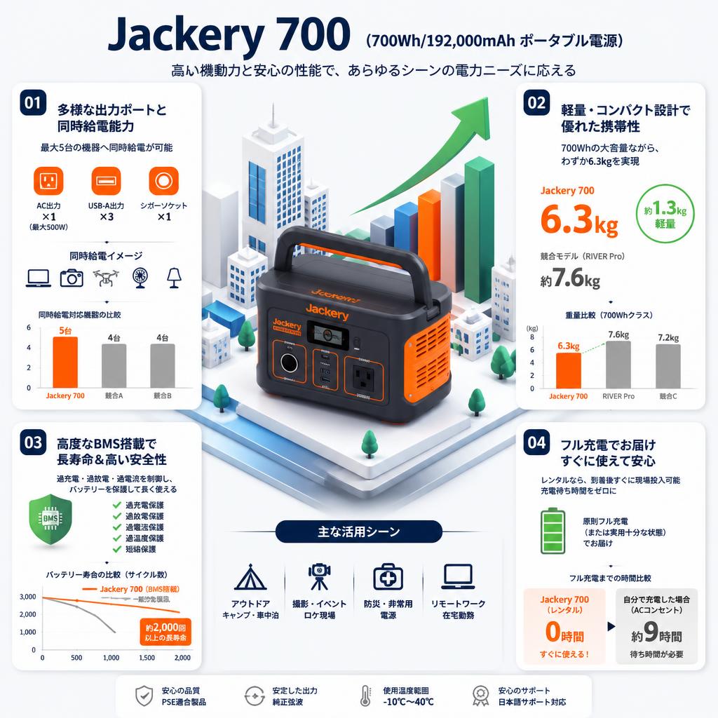 Jackery 700 (700Wh/192,000mAh  ポータブル電源) セールスポイント