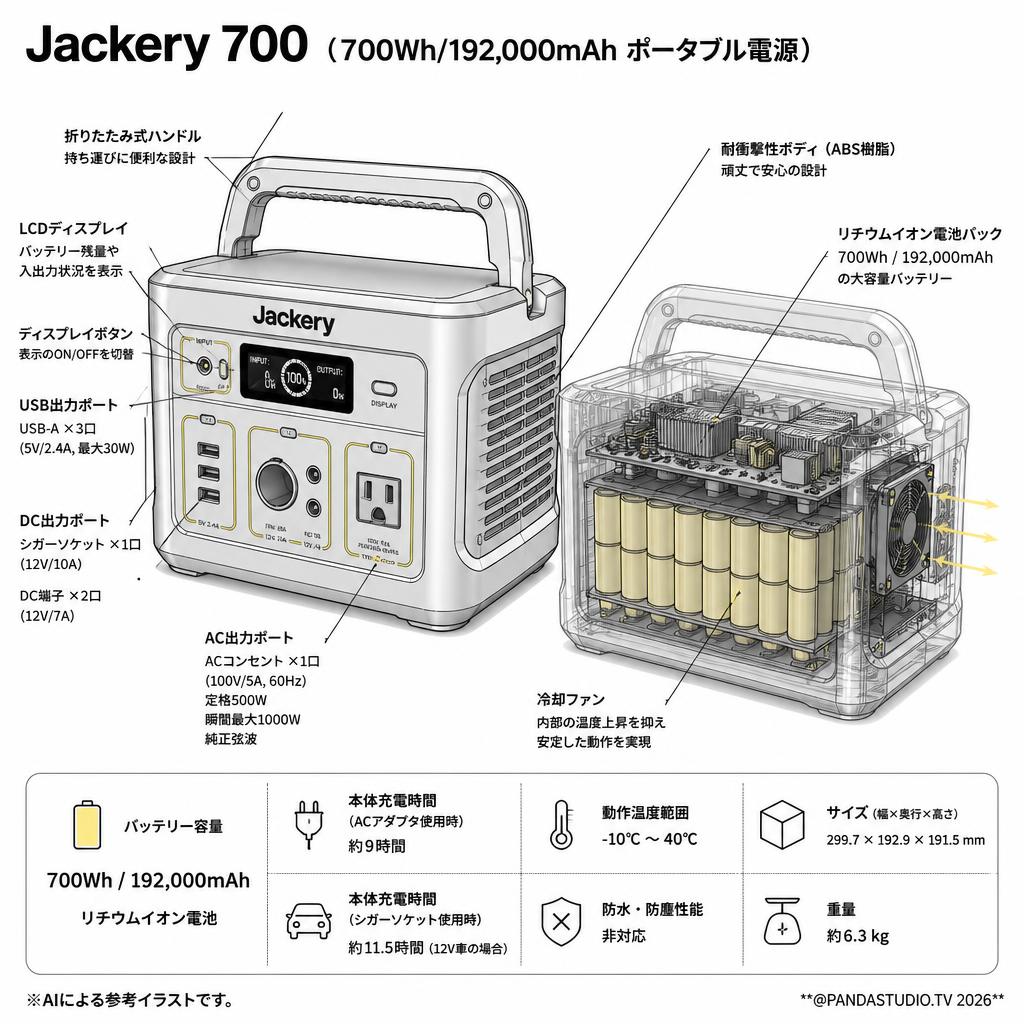 Jackery 700 (700Wh/192,000mAh  ポータブル電源) スペック