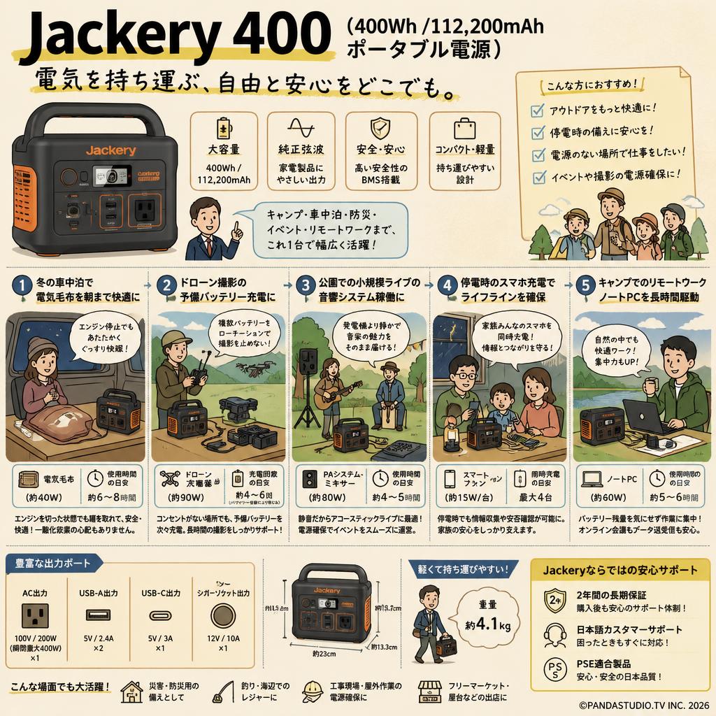 Jackery 400 (400Wh /112,200mAh ポータブル電源) 用途