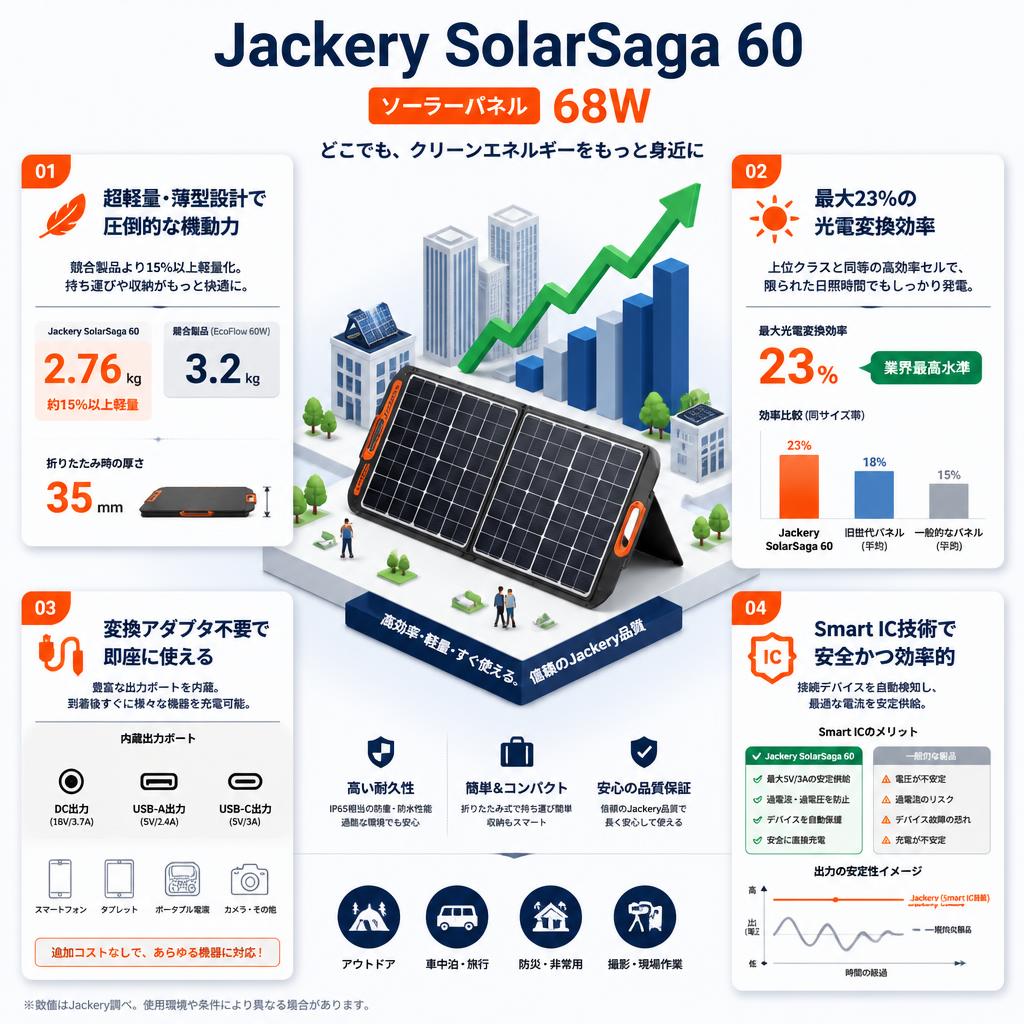 Jackery SolarSaga 60 ソーラーパネル 68W セールスポイント