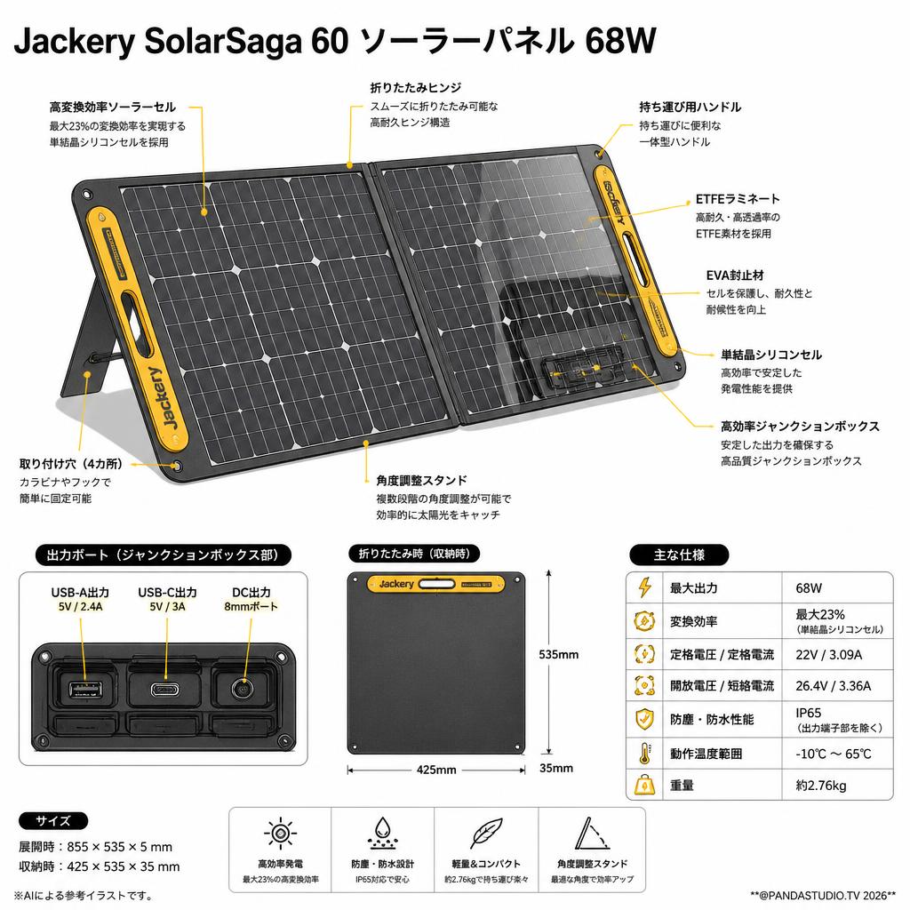 Jackery SolarSaga 60 ソーラーパネル 68W スペック