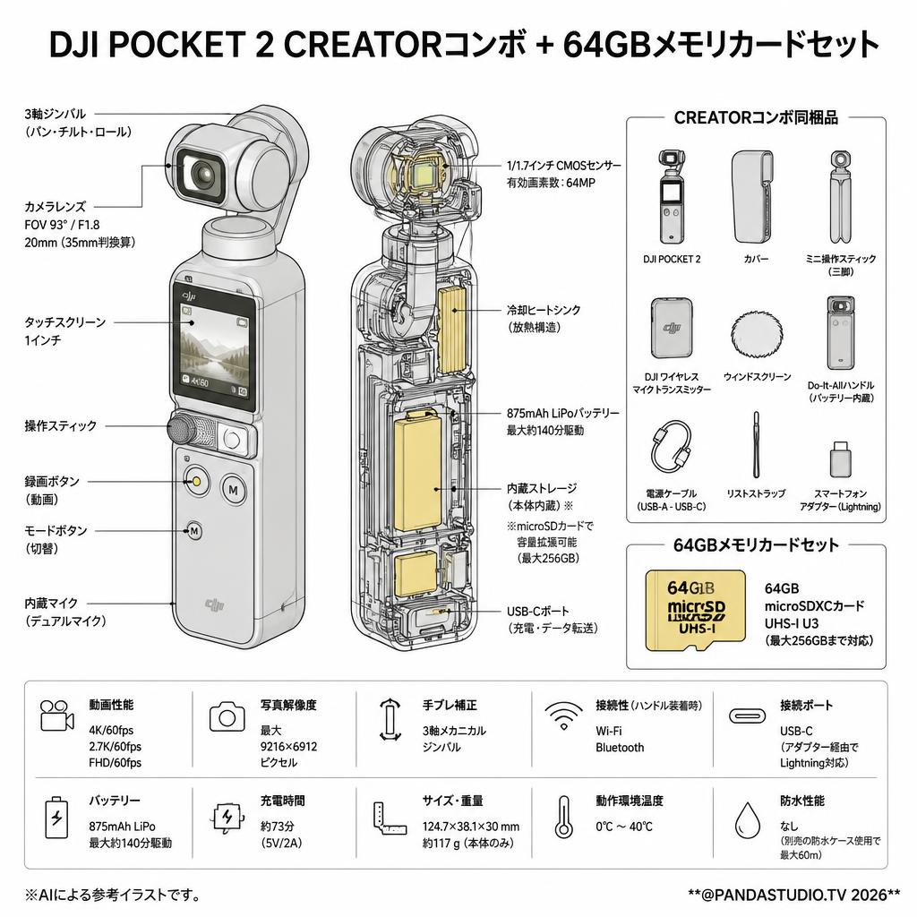 DJI Pocket 2 Creatorコンボ+64GBメモリカードセット スペック