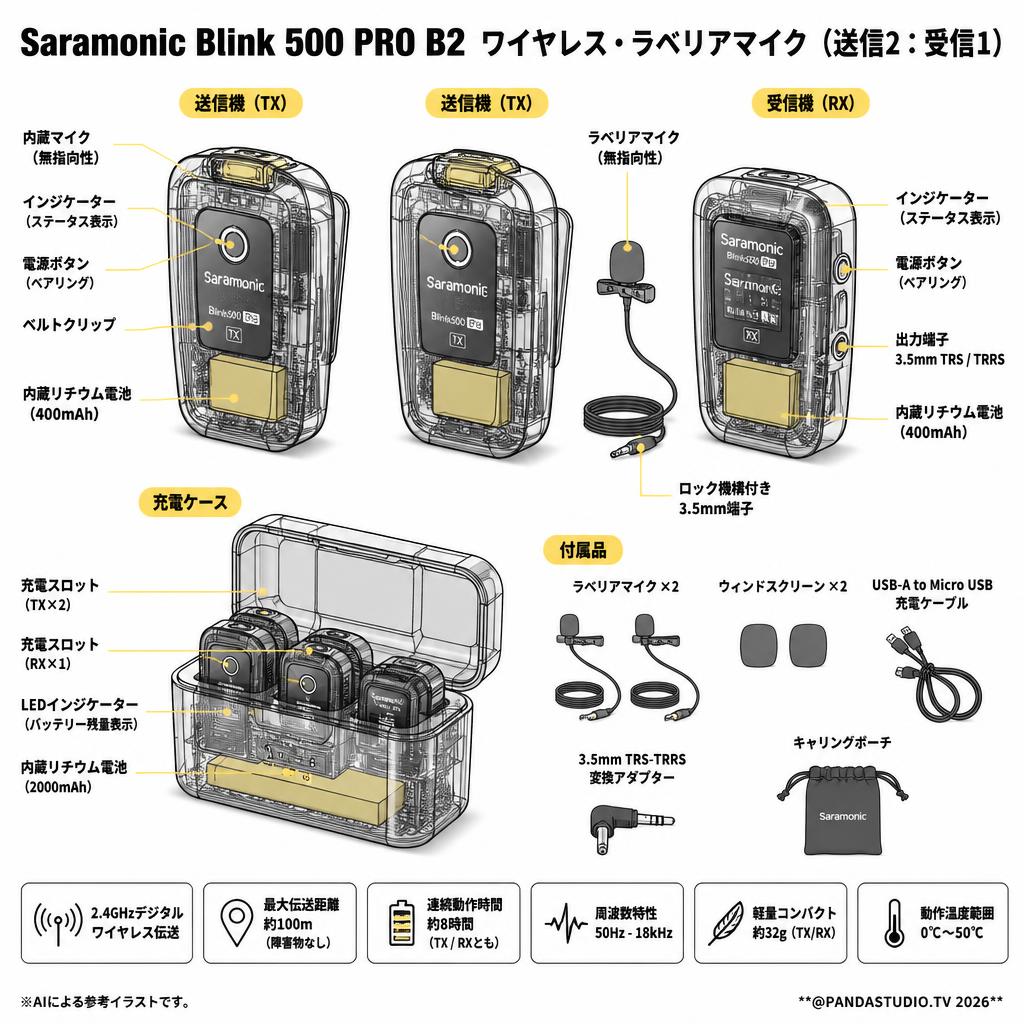 Saramonic Blink 500 PRO B2 ワイヤレス・ラベリアマイク（送信2：受信1） スペック