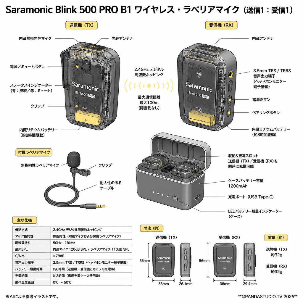 Saramonic Blink 500 PRO B1 ワイヤレス・ラベリアマイク（送信1：受信1） スペック