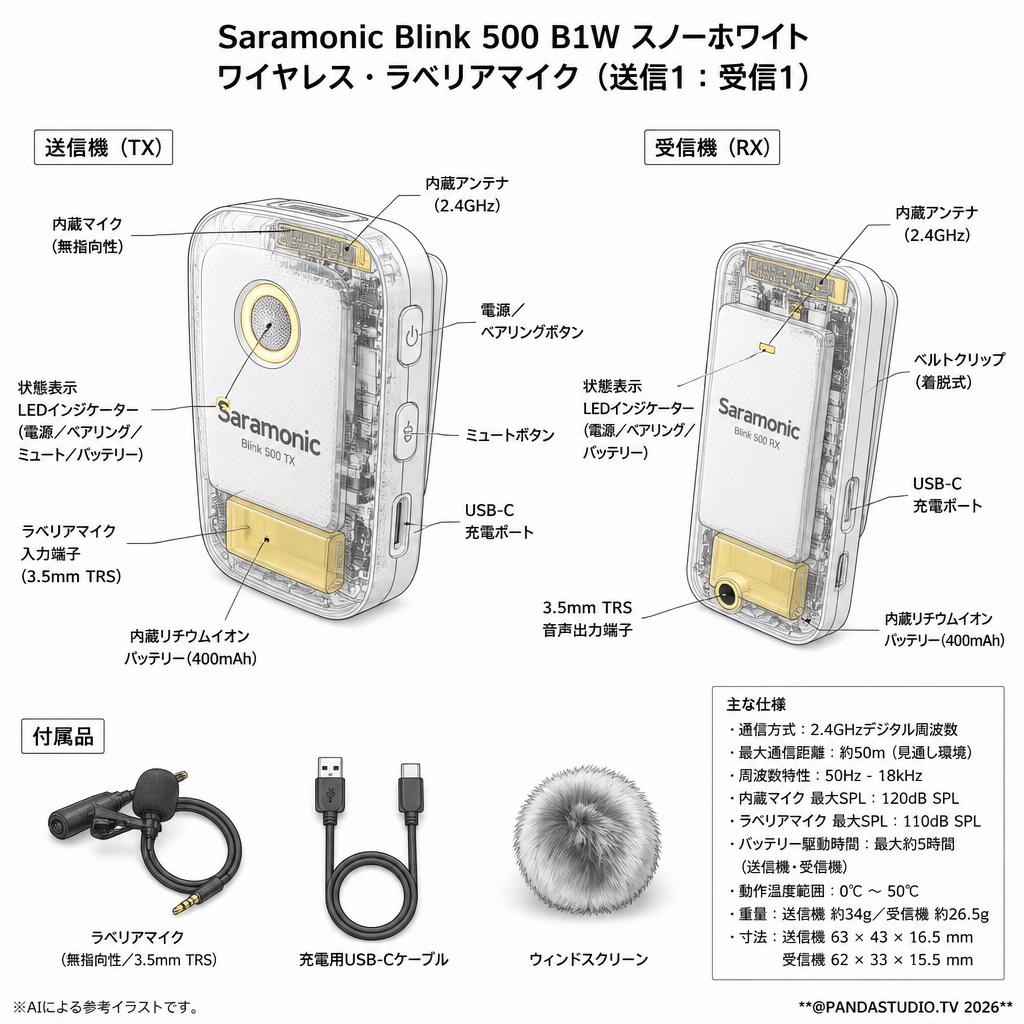 Saramonic Blink 500 B1W スノーホワイト ワイヤレス・ラベリアマイク（送信1：受信1） スペック