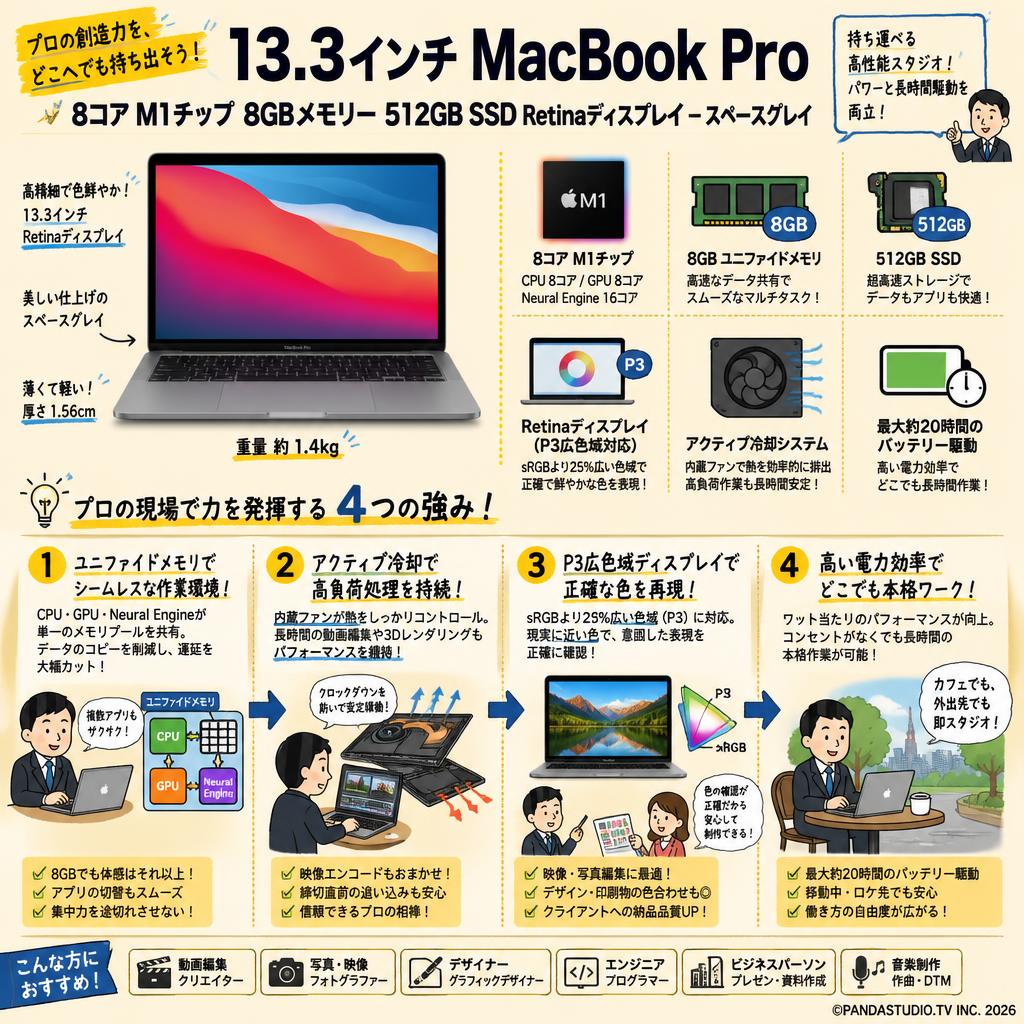 13.3インチ MacBook Pro 8コア M1チップ 8GB メモリー512BGB SSD Retinaディスプレイ-スペースグレイ 概要