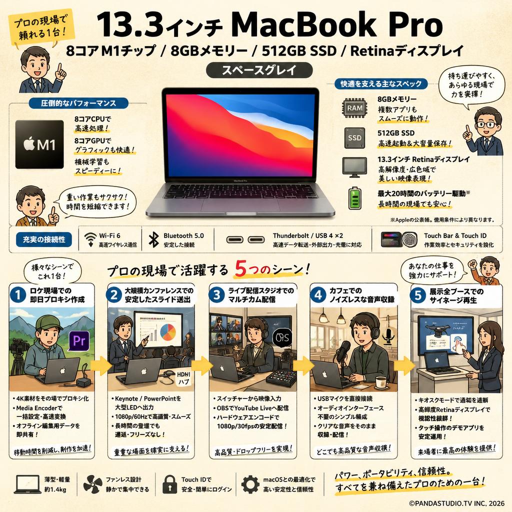 13.3インチ MacBook Pro 8コア M1チップ 8GB メモリー512BGB SSD Retinaディスプレイ-スペースグレイ 用途