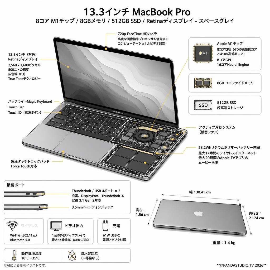 13.3インチ MacBook Pro 8コア M1チップ 8GB メモリー512BGB SSD Retinaディスプレイ-スペースグレイ スペック
