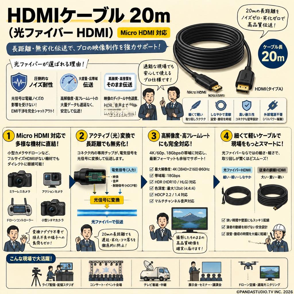 HDMIケーブル 20m （光ファイバーHDMI）Micro HDMI 対応 概要