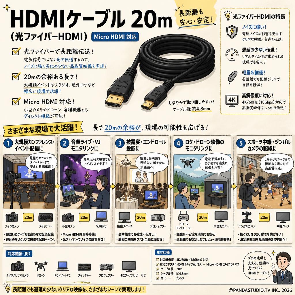 HDMIケーブル 20m （光ファイバーHDMI）Micro HDMI 対応 用途