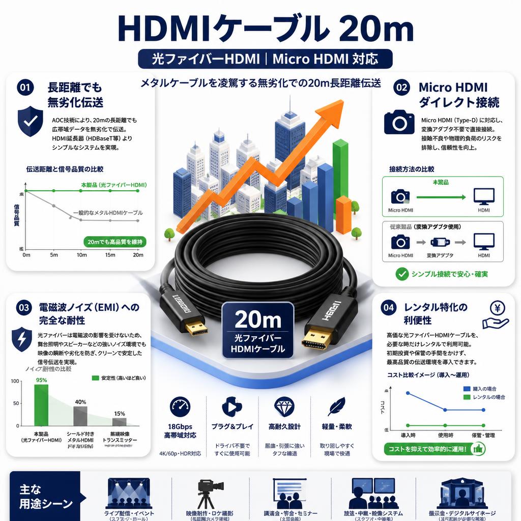HDMIケーブル 20m （光ファイバーHDMI）Micro HDMI 対応 セールスポイント