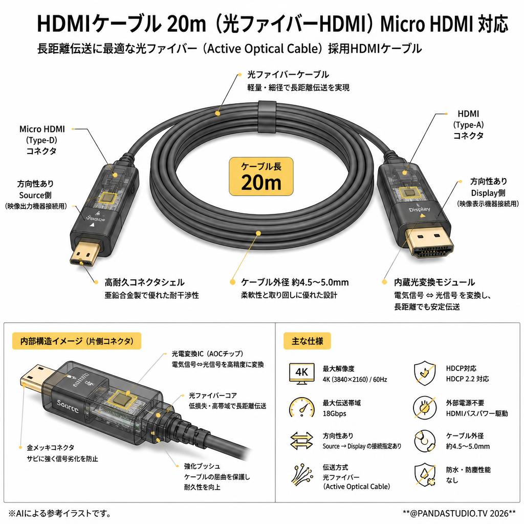 HDMIケーブル 20m （光ファイバーHDMI）Micro HDMI 対応 スペック