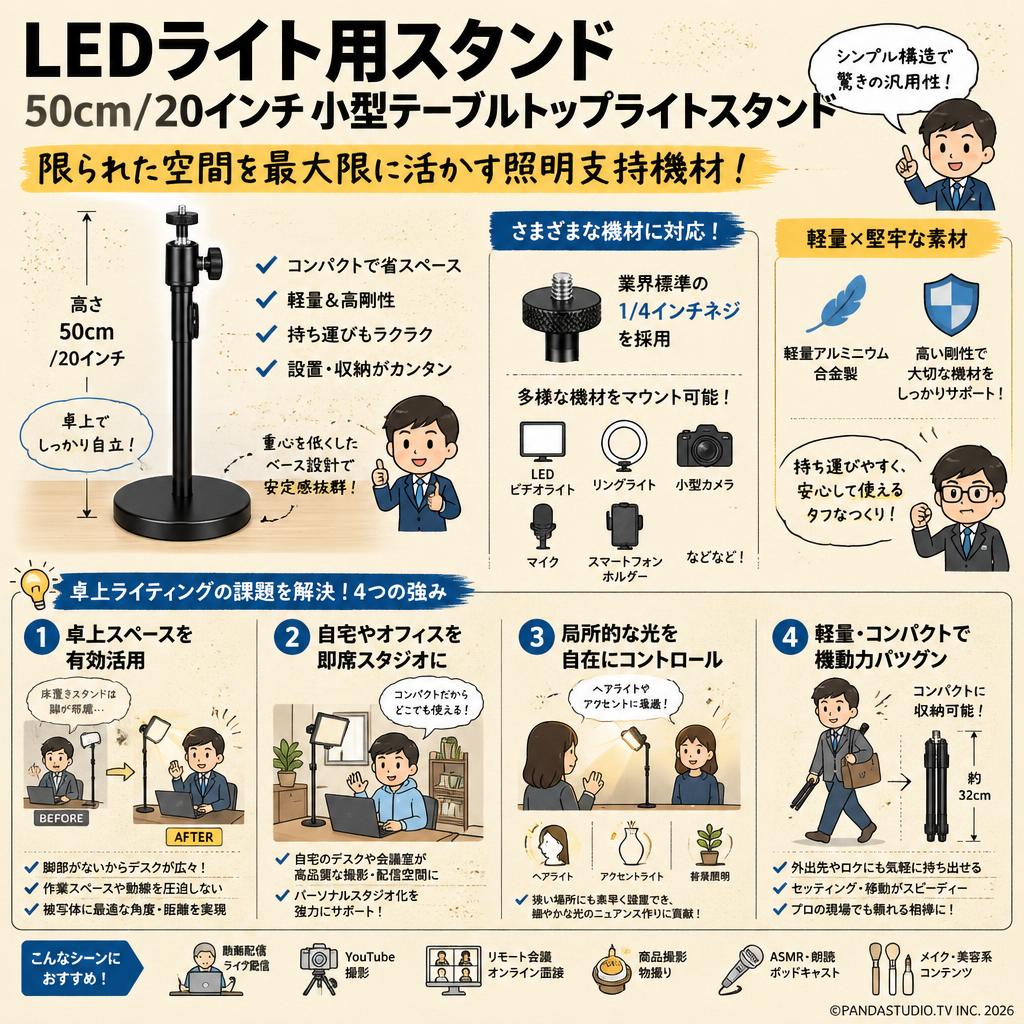 LEDライト用スタンド 50cm/20インチ 小型テーブルトップライトスタンド 概要
