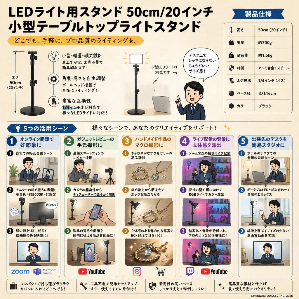 LEDライト用スタンド 50cm/20インチ 小型テーブルトップライトスタンド 用途