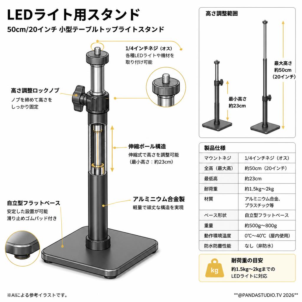 LEDライト用スタンド 50cm/20インチ 小型テーブルトップライトスタンド スペック
