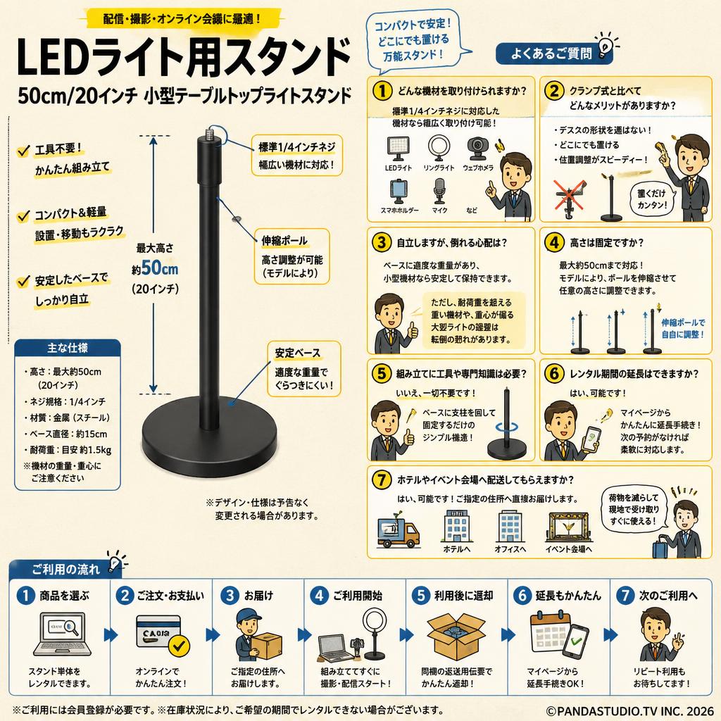 LEDライト用スタンド 50cm/20インチ 小型テーブルトップライトスタンド FAQ（よくある質問と答え）