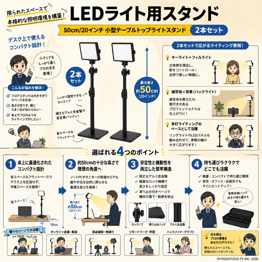 LEDライト用スタンド 50cm/20インチ 小型テーブルトップライトスタンド 2本セット 概要