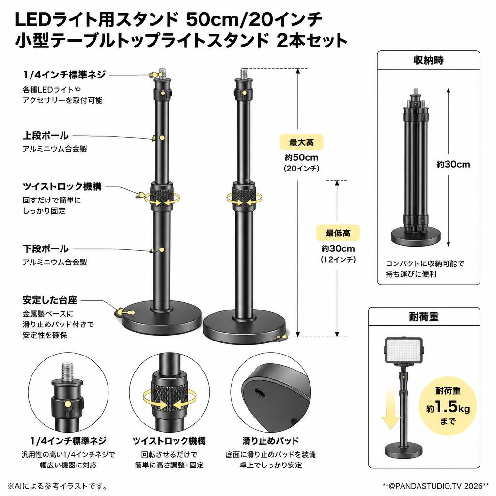 LEDライト用スタンド 50cm/20インチ 小型テーブルトップライトスタンド 2本セット スペック