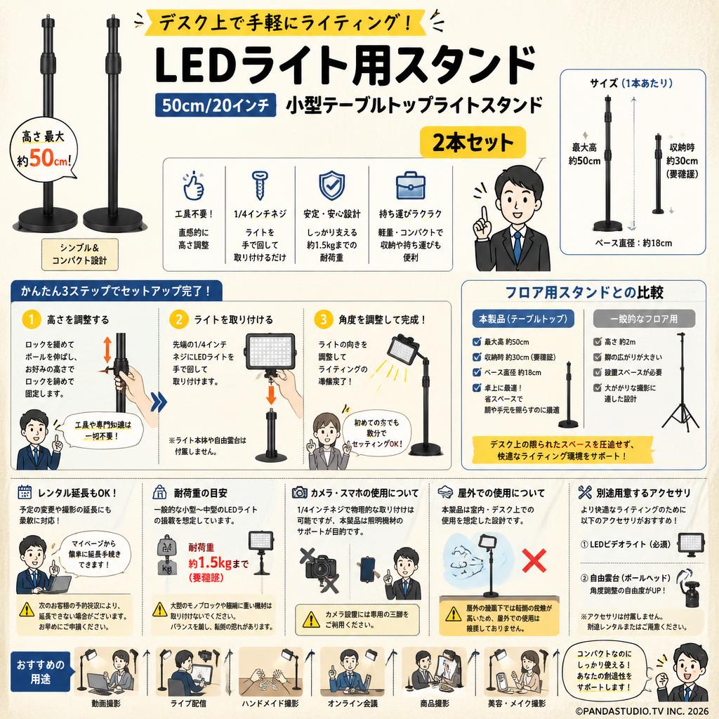 LEDライト用スタンド 50cm/20インチ 小型テーブルトップライトスタンド 2本セット FAQ（よくある質問と答え）