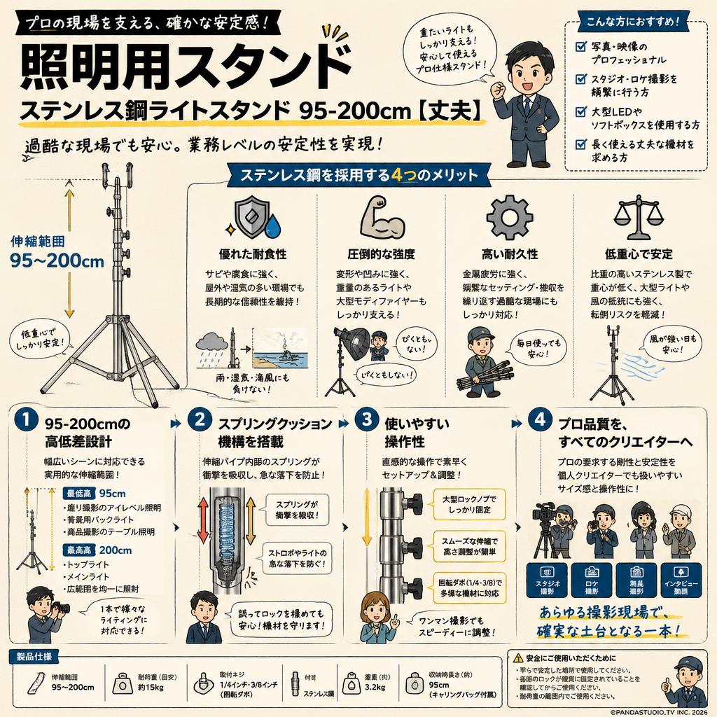 照明用スタンド ステンレス鋼ライトスタンド　95-200cm【丈夫】 概要