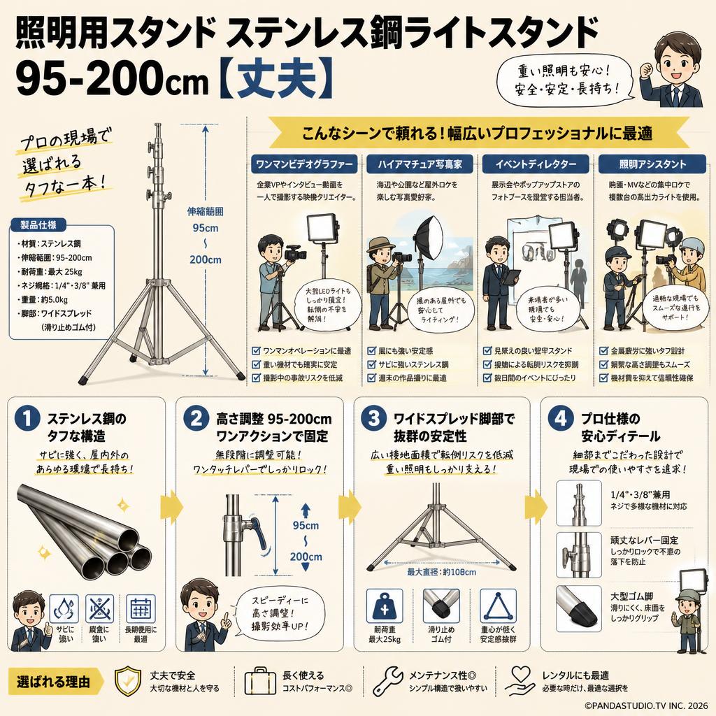 照明用スタンド ステンレス鋼ライトスタンド　95-200cm【丈夫】 おもな対象のお客様