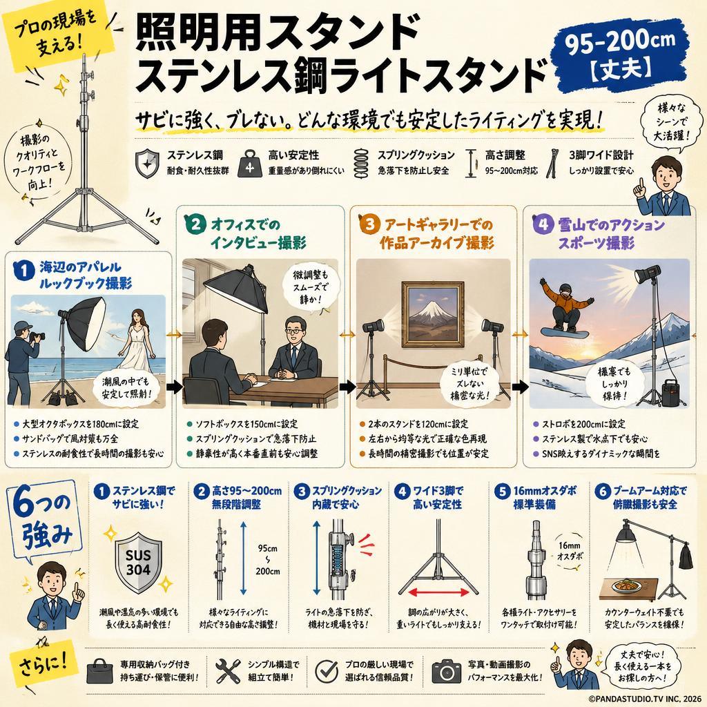 照明用スタンド ステンレス鋼ライトスタンド　95-200cm【丈夫】 用途