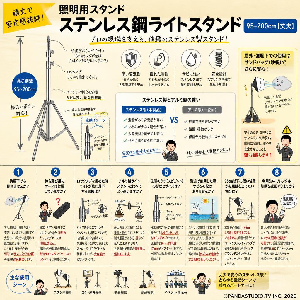 照明用スタンド ステンレス鋼ライトスタンド　95-200cm【丈夫】 FAQ（よくある質問と答え）