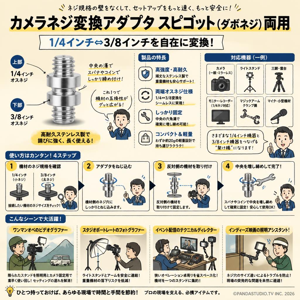カメラ ネジ 1/4'' 3/8'' ネジ変換アダプタ スピゴット ダボネジ 両用 1/4 インチ 3/8インチ ダ おもな対象のお客様