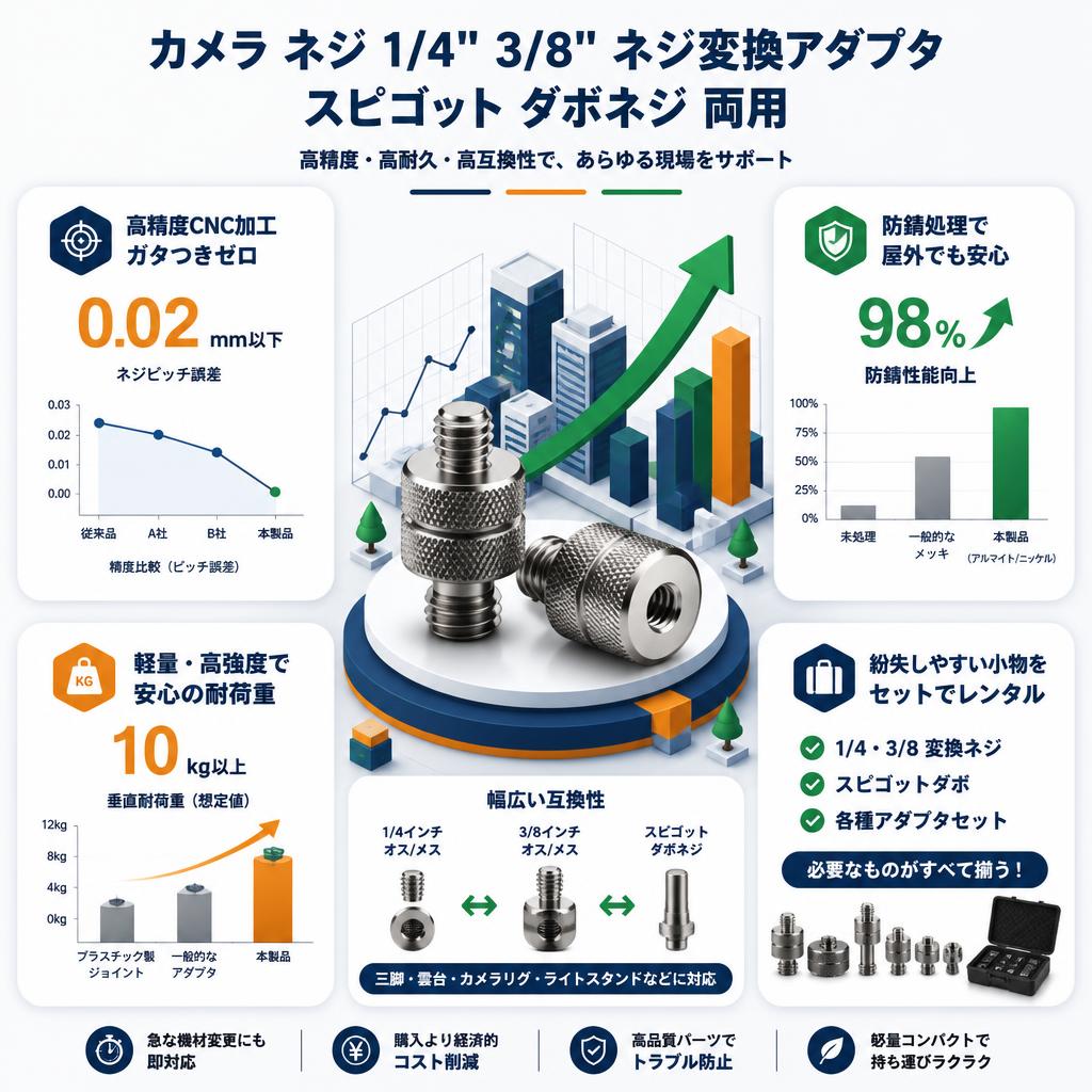 カメラ ネジ 1/4'' 3/8'' ネジ変換アダプタ スピゴット ダボネジ 両用 1/4 インチ 3/8インチ ダ セールスポイント