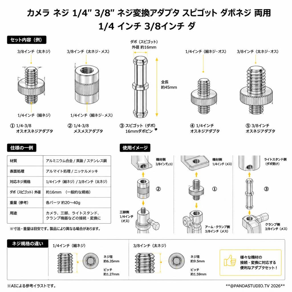 カメラ ネジ 1/4'' 3/8'' ネジ変換アダプタ スピゴット ダボネジ 両用 1/4 インチ 3/8インチ ダ スペック