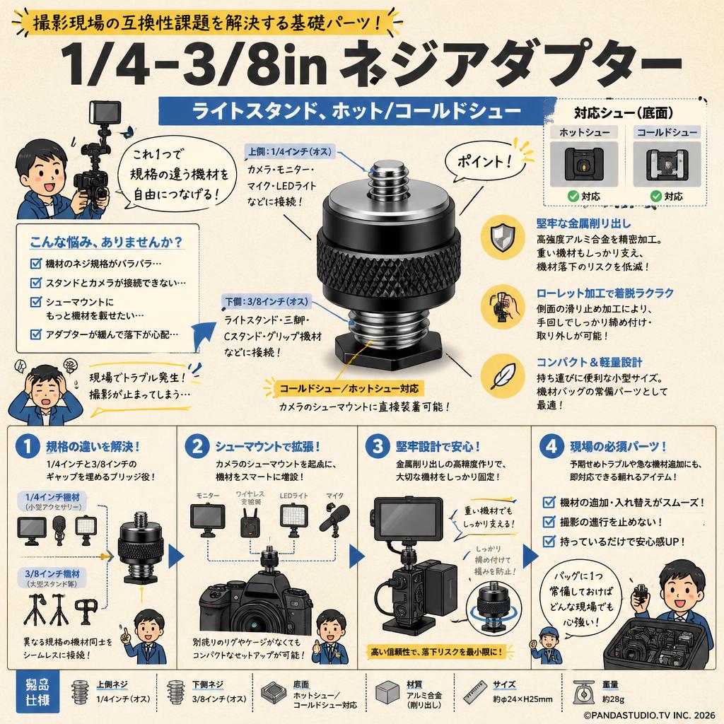 1/4-3/8inネジアダプター ライトスタンド、ホット/コールドシュー ダボ 概要