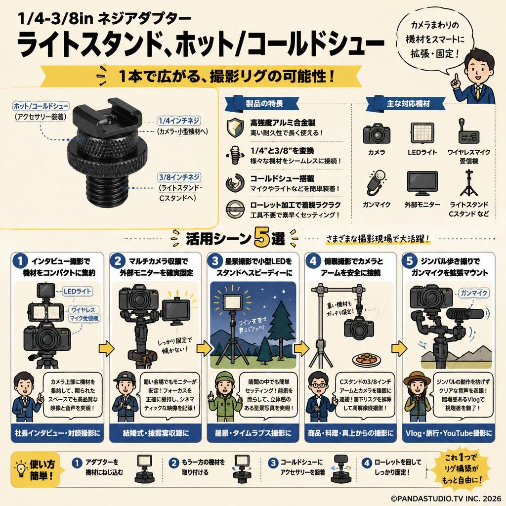 1/4-3/8inネジアダプター ライトスタンド、ホット/コールドシュー ダボ 用途