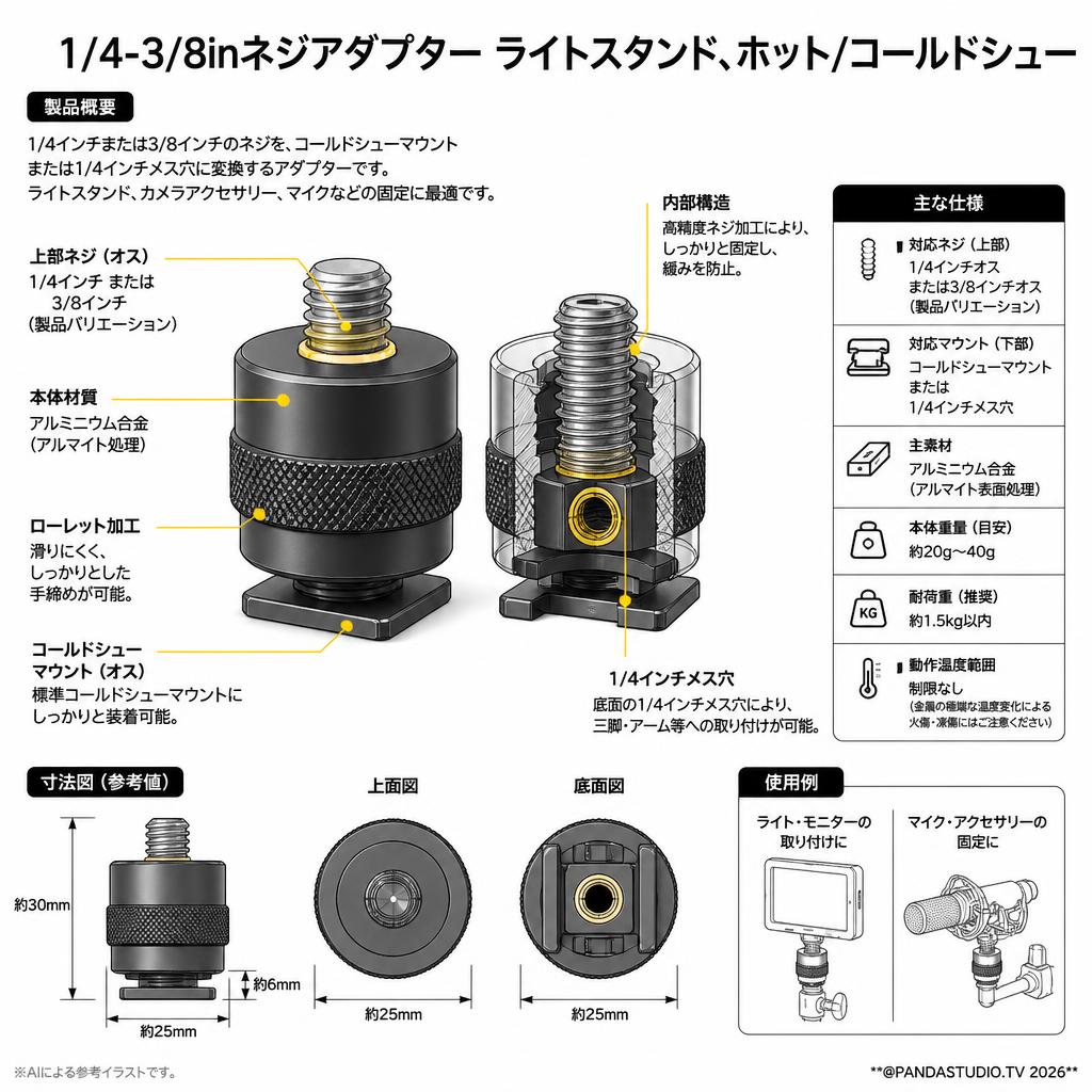 1/4-3/8inネジアダプター ライトスタンド、ホット/コールドシュー ダボ スペック