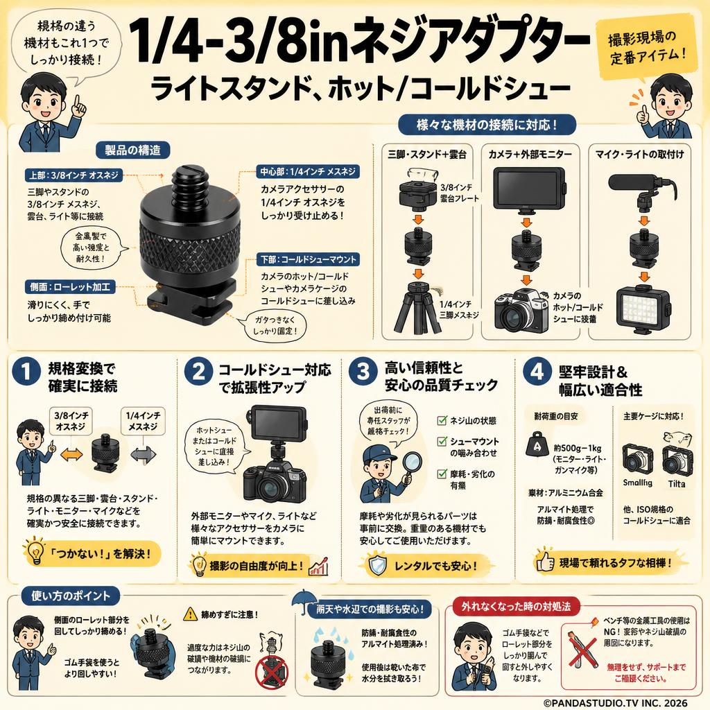 1/4-3/8inネジアダプター ライトスタンド、ホット/コールドシュー ダボ FAQ（よくある質問と答え）