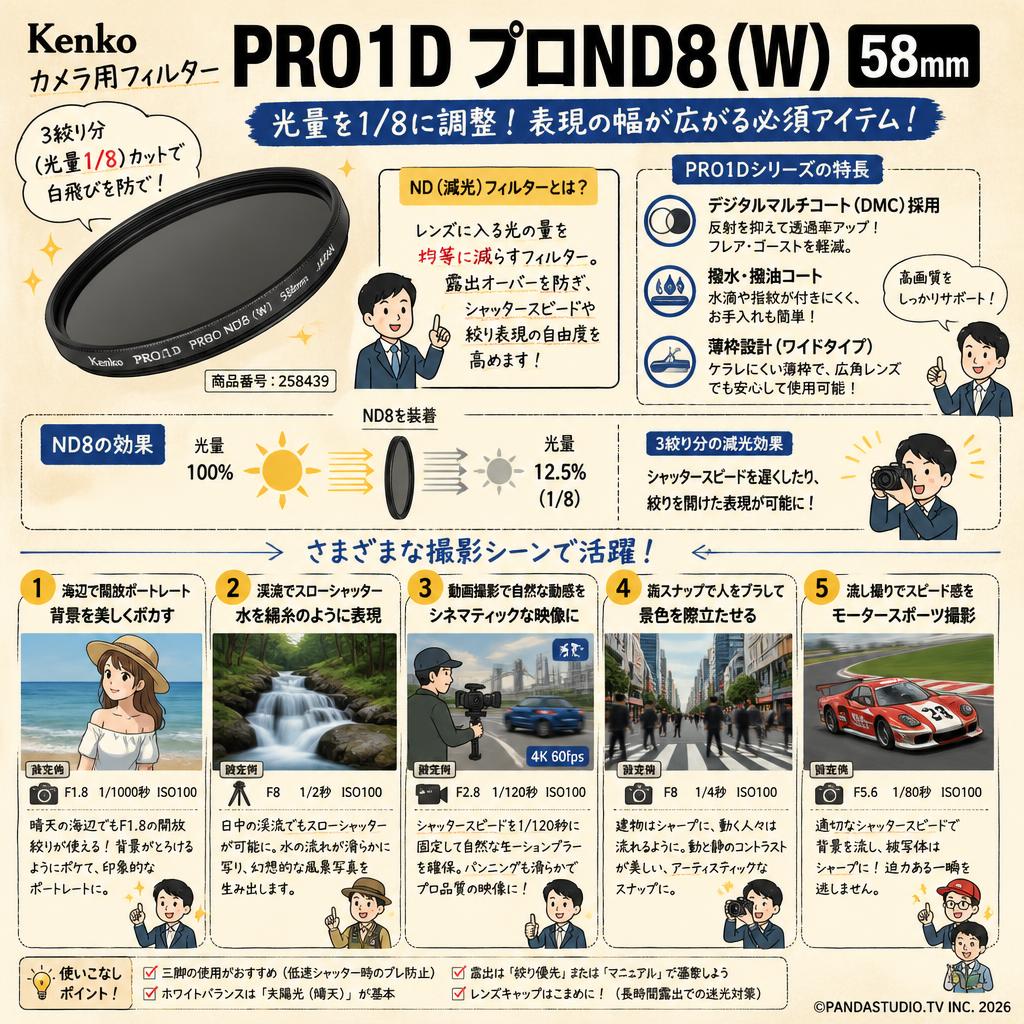 Kenko カメラ用フィルター PRO1D プロND8 (W) 58mm 光量調節用 258439 用途