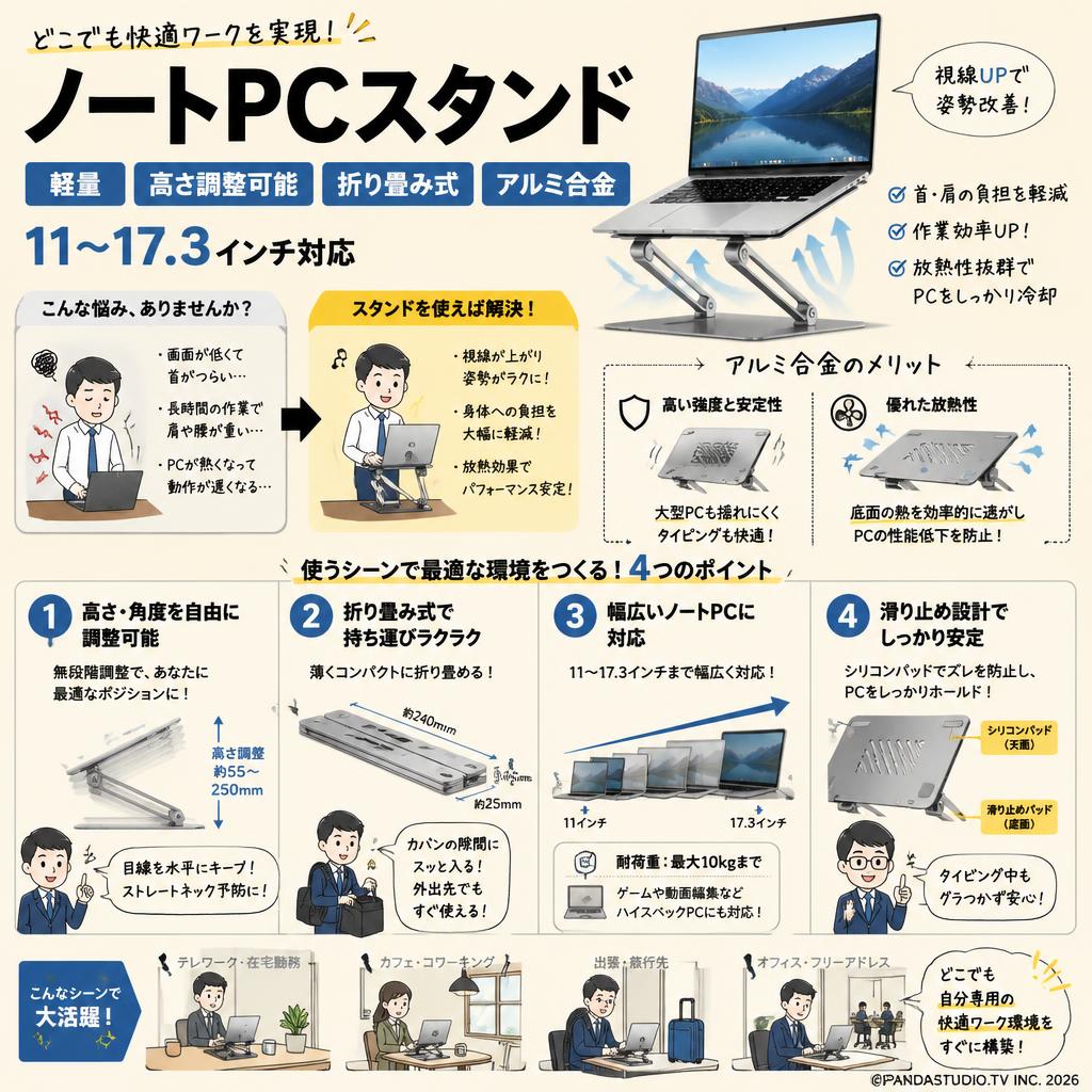 ノートPCスタンド　軽量・高さ調整可能・折り畳み式・アルミ合金　11〜17.3インチ対応 概要