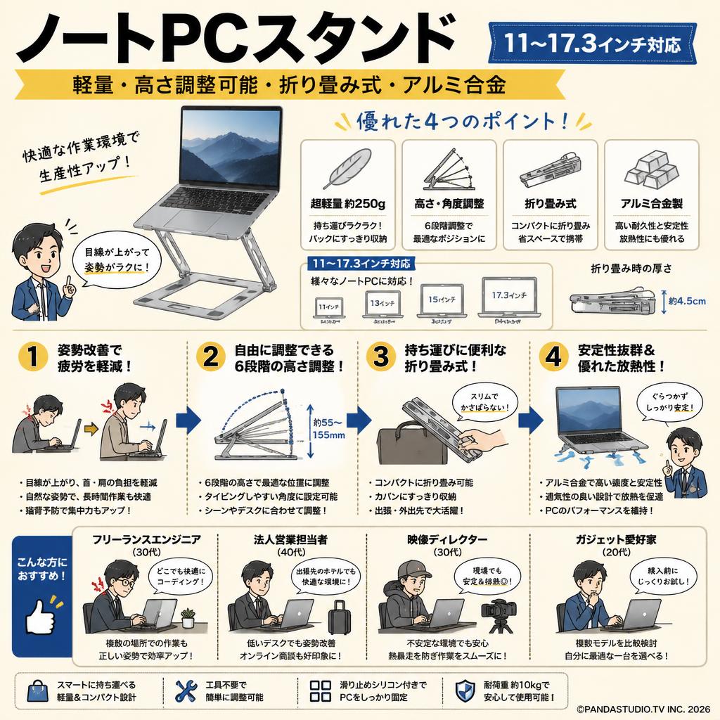 ノートPCスタンド　軽量・高さ調整可能・折り畳み式・アルミ合金　11〜17.3インチ対応 おもな対象のお客様