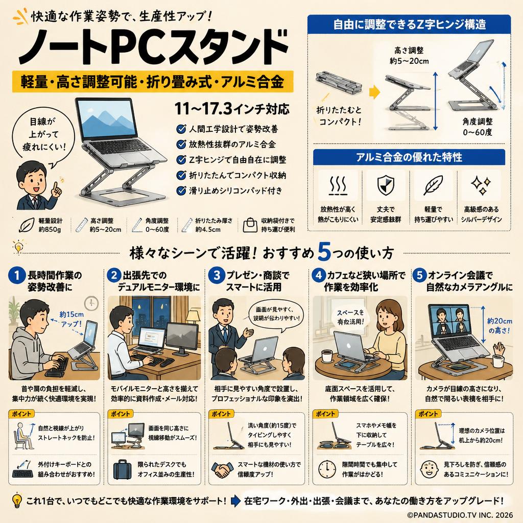 ノートPCスタンド　軽量・高さ調整可能・折り畳み式・アルミ合金　11〜17.3インチ対応 用途