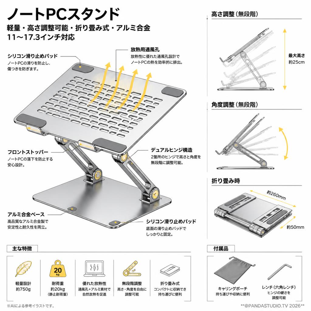 ノートPCスタンド　軽量・高さ調整可能・折り畳み式・アルミ合金　11〜17.3インチ対応 スペック