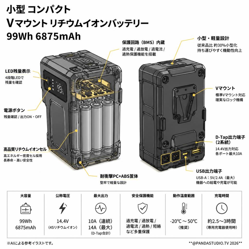 小型 コンパクト Vマウント リチウムイオンバッテリー 99Wh 6875mAh スペック