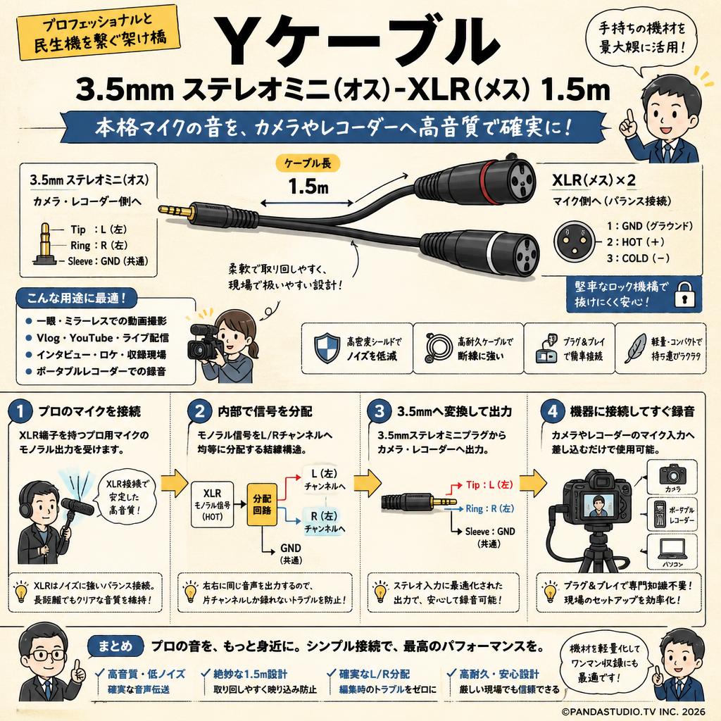 Yケーブル 3.5mm ステレオミニ(オス)-XLR(メス) 1.5m 概要