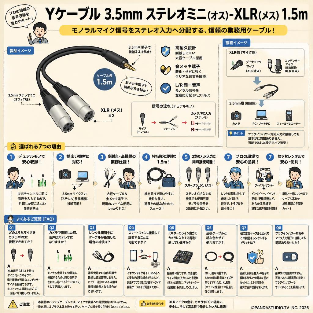 Yケーブル 3.5mm ステレオミニ(オス)-XLR(メス) 1.5m FAQ（よくある質問と答え）