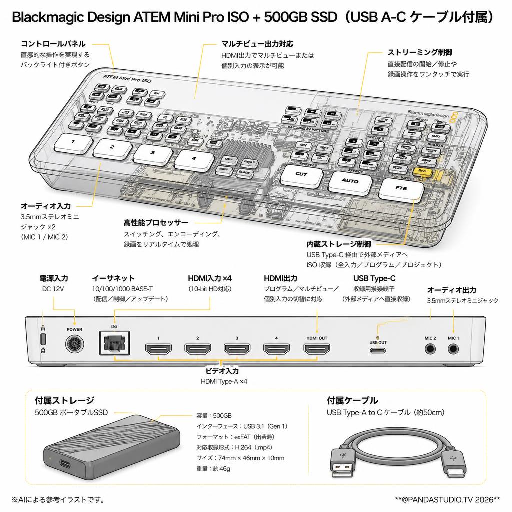 Blackmagic Design ATEM Mini Pro ISO ＋ 500GB SSD（USB A-C ケーブル付属） スペック