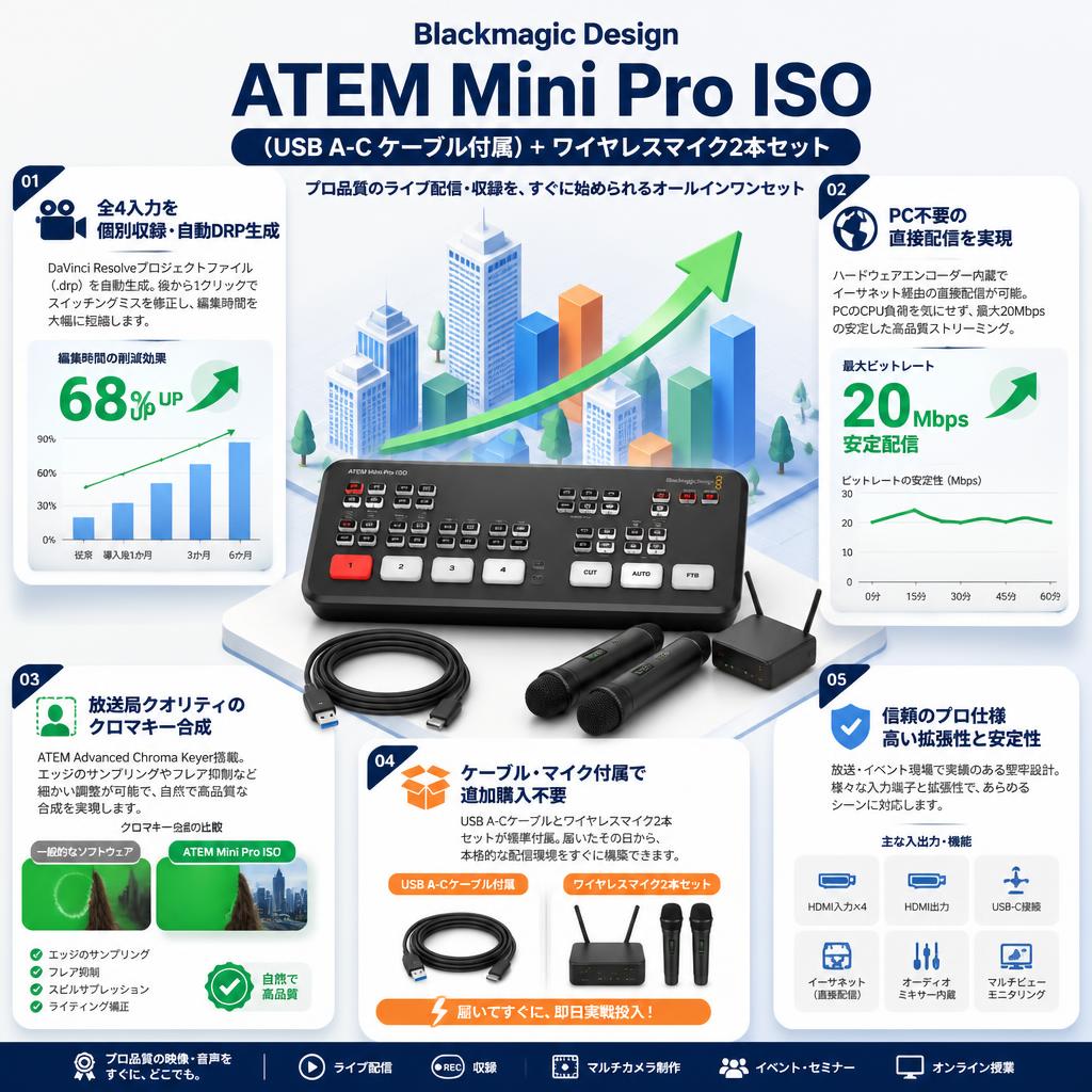 Blackmagic Design ATEM Mini Pro ISO（USB A-C ケーブル付属） ＋ ワイヤレスマイク2本セット セールスポイント